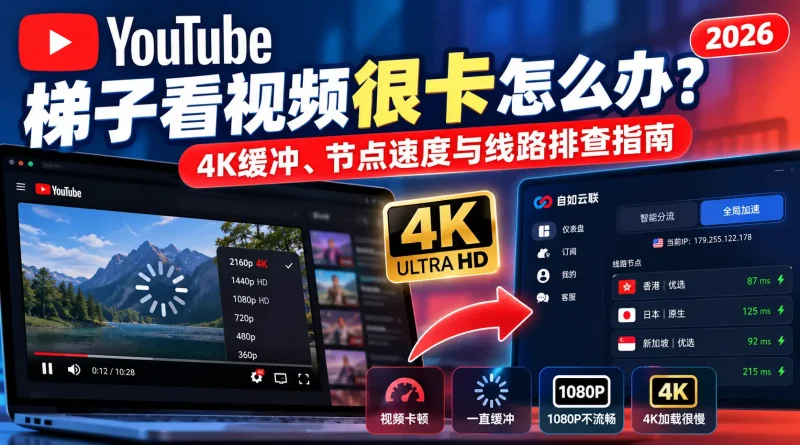 2026 YouTube梯子4K缓冲排查指南，展示香港、日本、新加坡、美国节点与视频卡顿问题