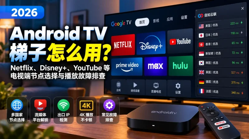 2026 Android TV梯子使用与播放故障排查指南，展示Netflix、Disney+、YouTube节点选择、出口IP检测和4K播放问题