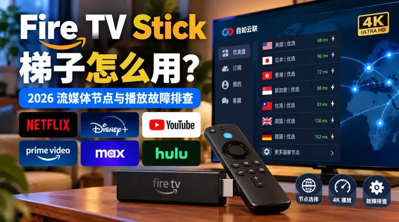 2026 Fire TV Stick梯子使用与播放故障排查指南，展示Netflix、Disney+、YouTube、Prime Video、Max、Hulu节点选择与4K卡顿问题