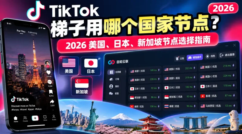 2026 TikTok梯子节点选择指南，对比美国、日本、新加坡节点及地区识别
